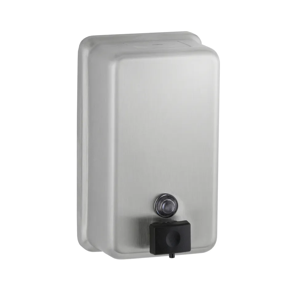 Bobrick B-2111 Surface-Mounted Vertical Manual Liquid Soap Dispenser, Satin Finish, 40-fl oz.