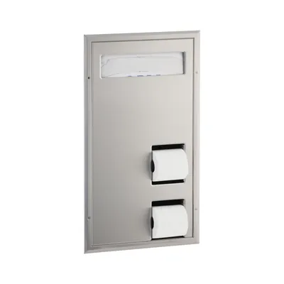 Bobrick B-34715 Partition-Mounted Toilet Tissue / Seat Cover Dispenser, Left Side While Seated, Satin Finish