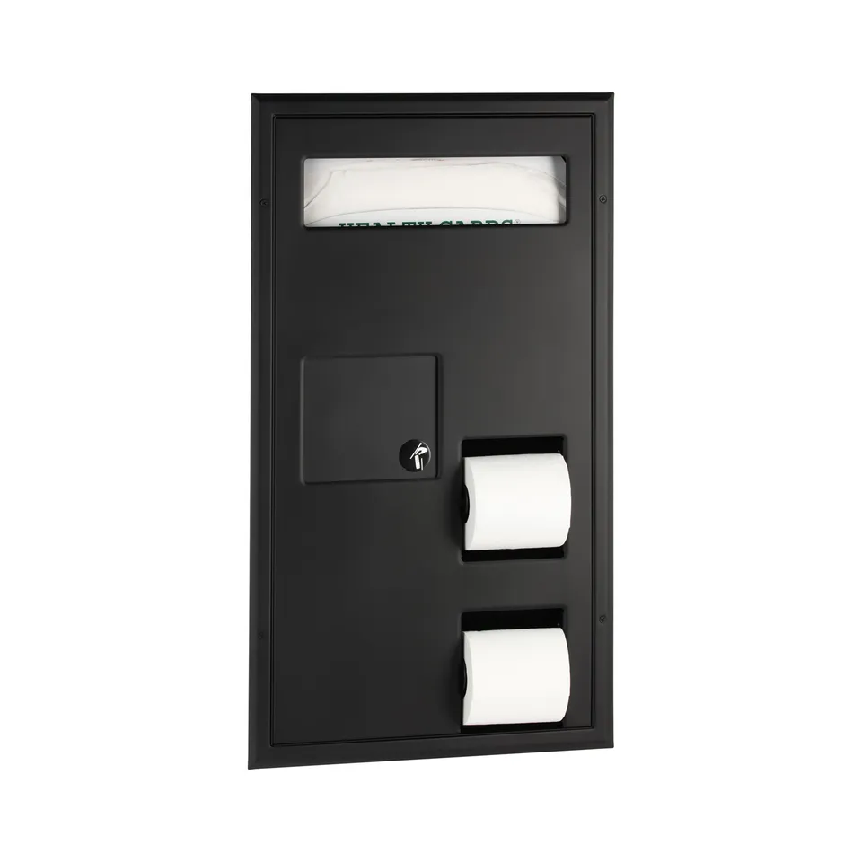 Bobrick B-35715.MBLK Partition-Mounted Toilet Tissue / Seat Cover Dispenser / Waste Disposal, Left Side While Seated