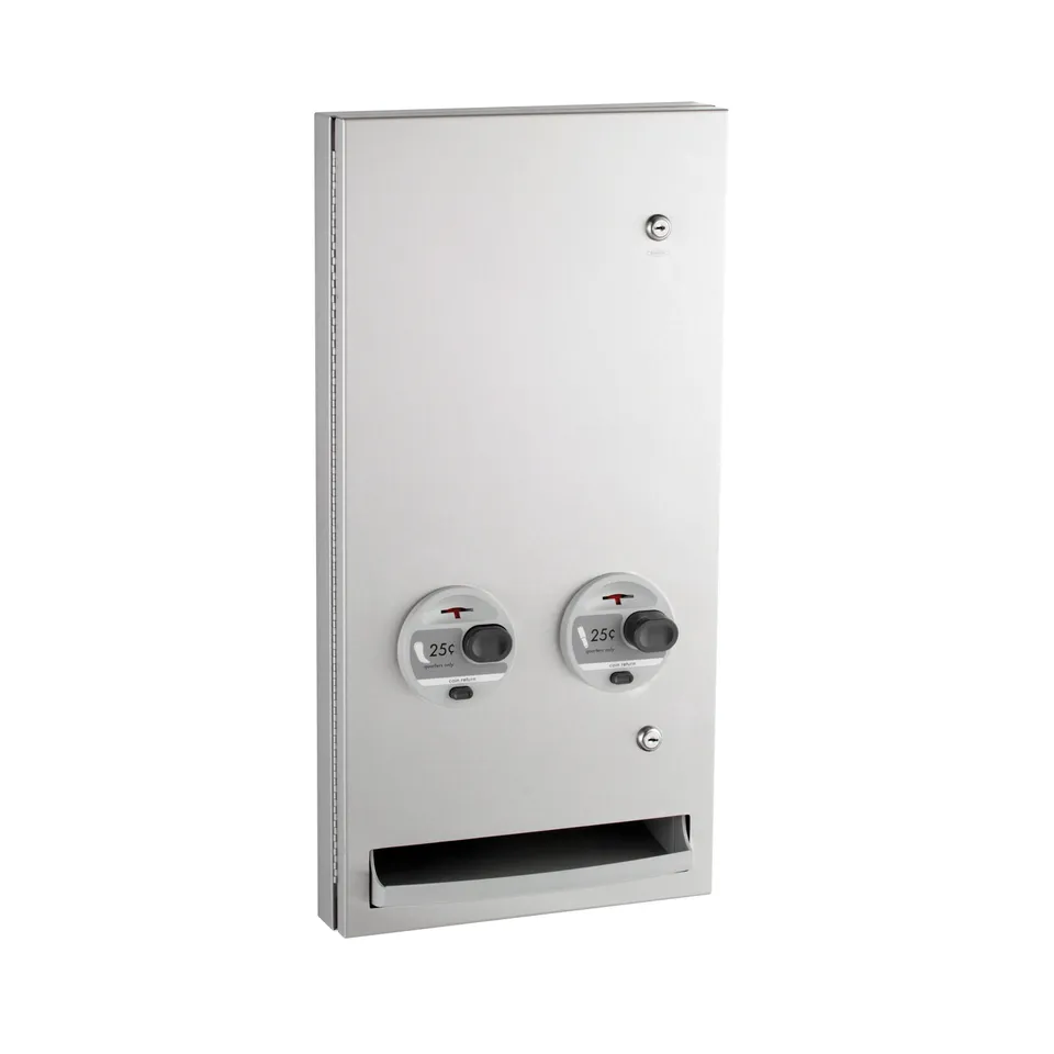Bobrick B-370634 25 Semi-Recessed Napkin-Tampon Dispenser, 25-Cent Operation, Satin Finish