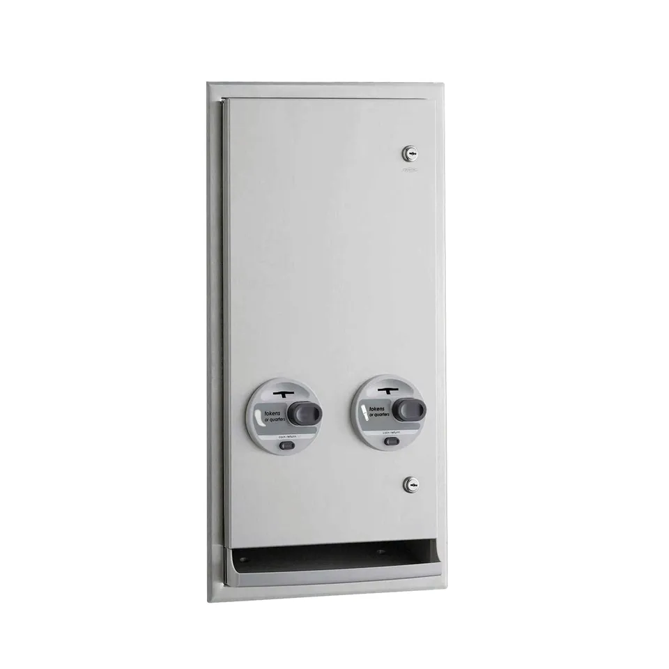 Bobrick B-3706T Recessed Napkin-Tampon Dispenser, Token Operation, Satin Finish