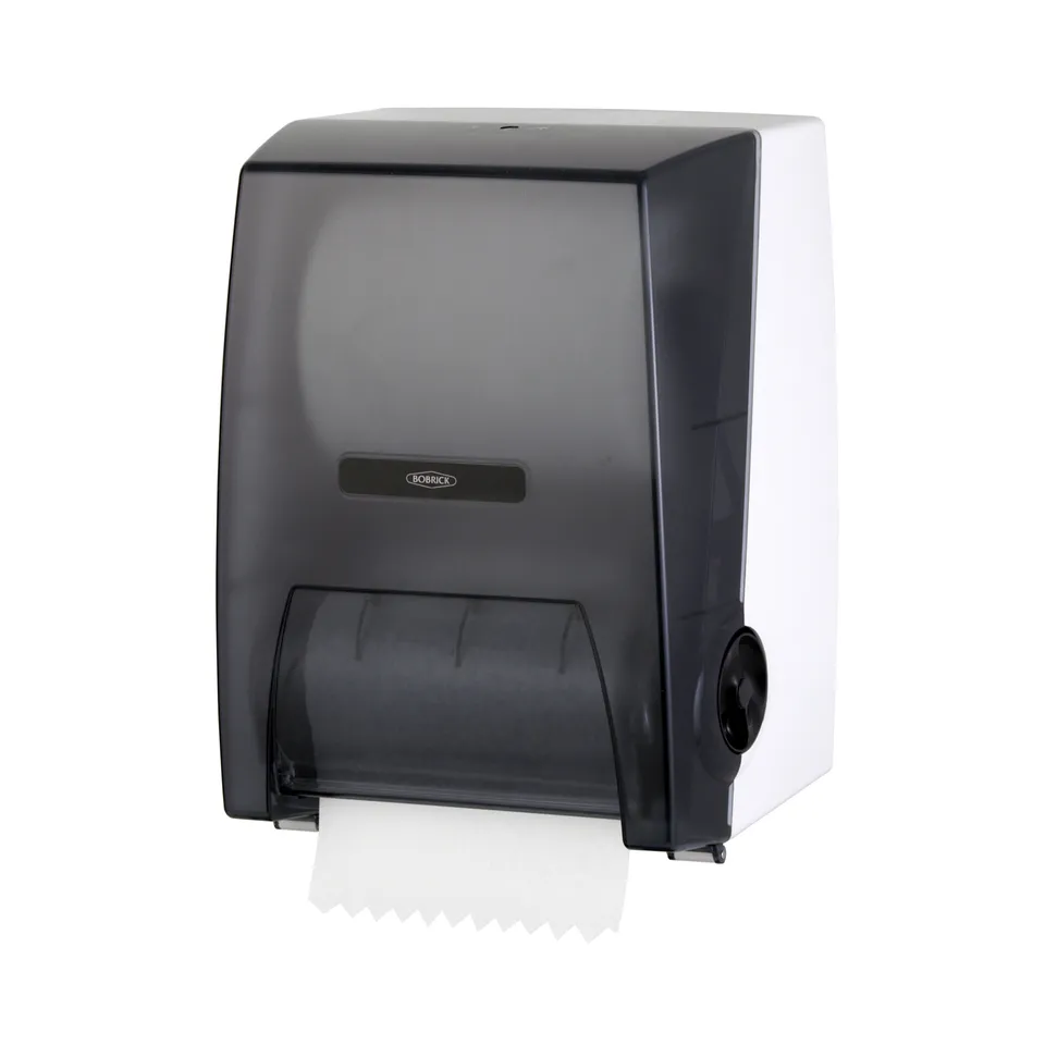 Bobrick B-72860 Surface-Mounted Manual Pull Roll Paper Towel Dispenser, Grey Translucent Plastic